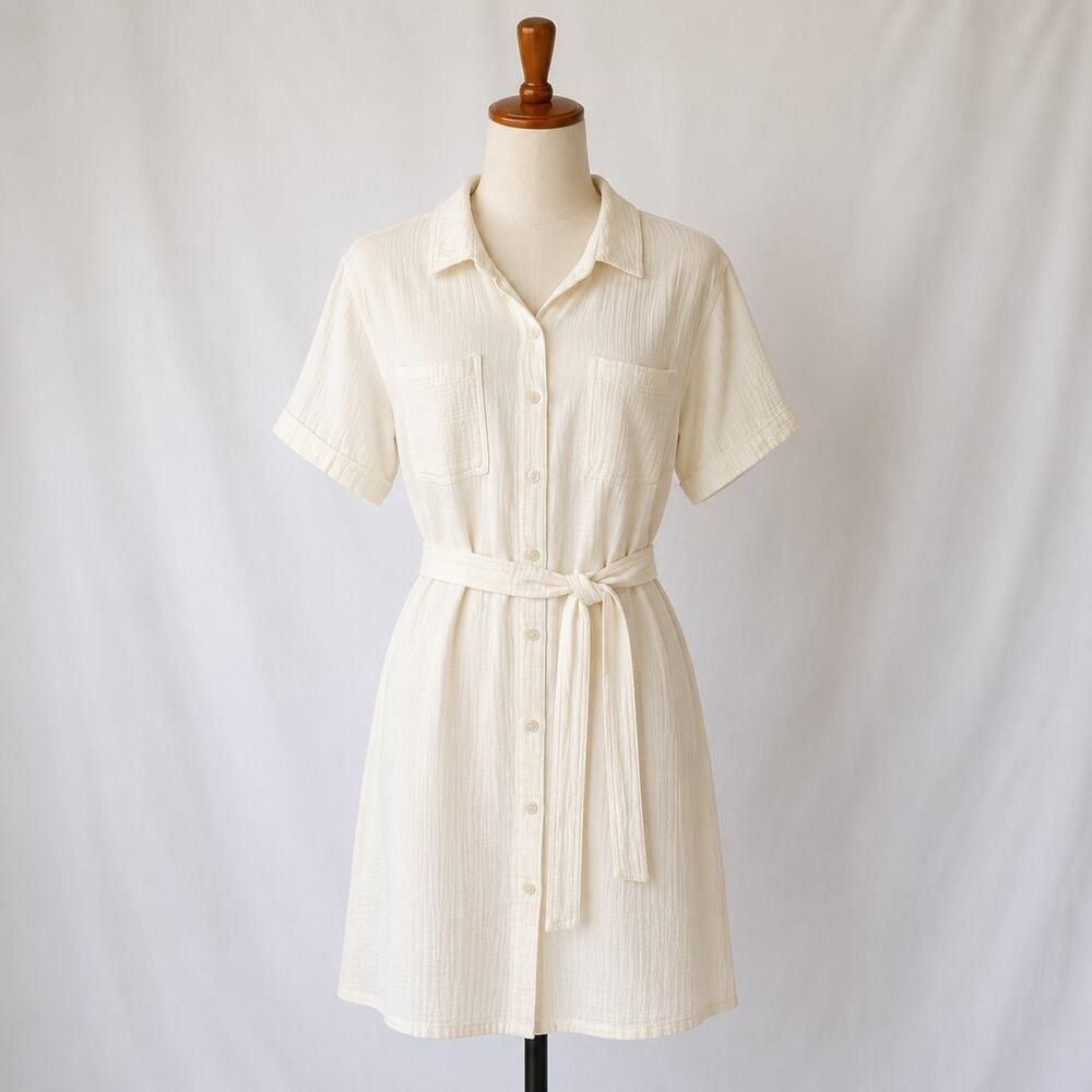 Weatherproof Vintage White Cotton Shirt Dress Belted Size L Gauze Midi